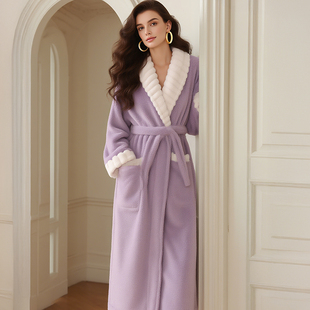 珊瑚绒睡袍冬加厚女款2025新款加绒加长款保暖紫色晨袍法兰绒浴袍