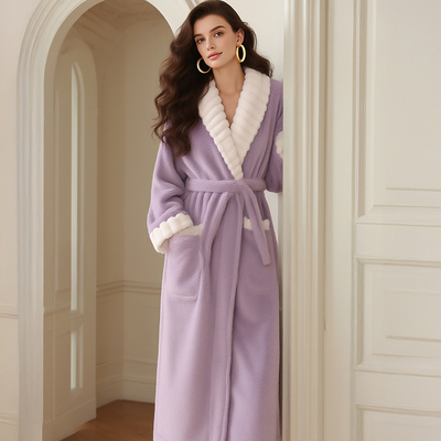 紫色珊瑚绒睡袍女冬长款