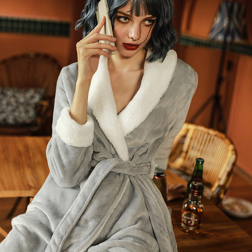 情侣法兰绒睡袍加厚女长款