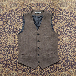 英伦复古v领青年修身 羊毛纯色咖啡人字纹休闲男马甲 商务秋冬厚款