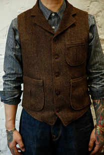 厚款 咔叽羊毛粗花呢人字纹复古马甲经典 咖啡色 工装 秋冬枪驳领美式