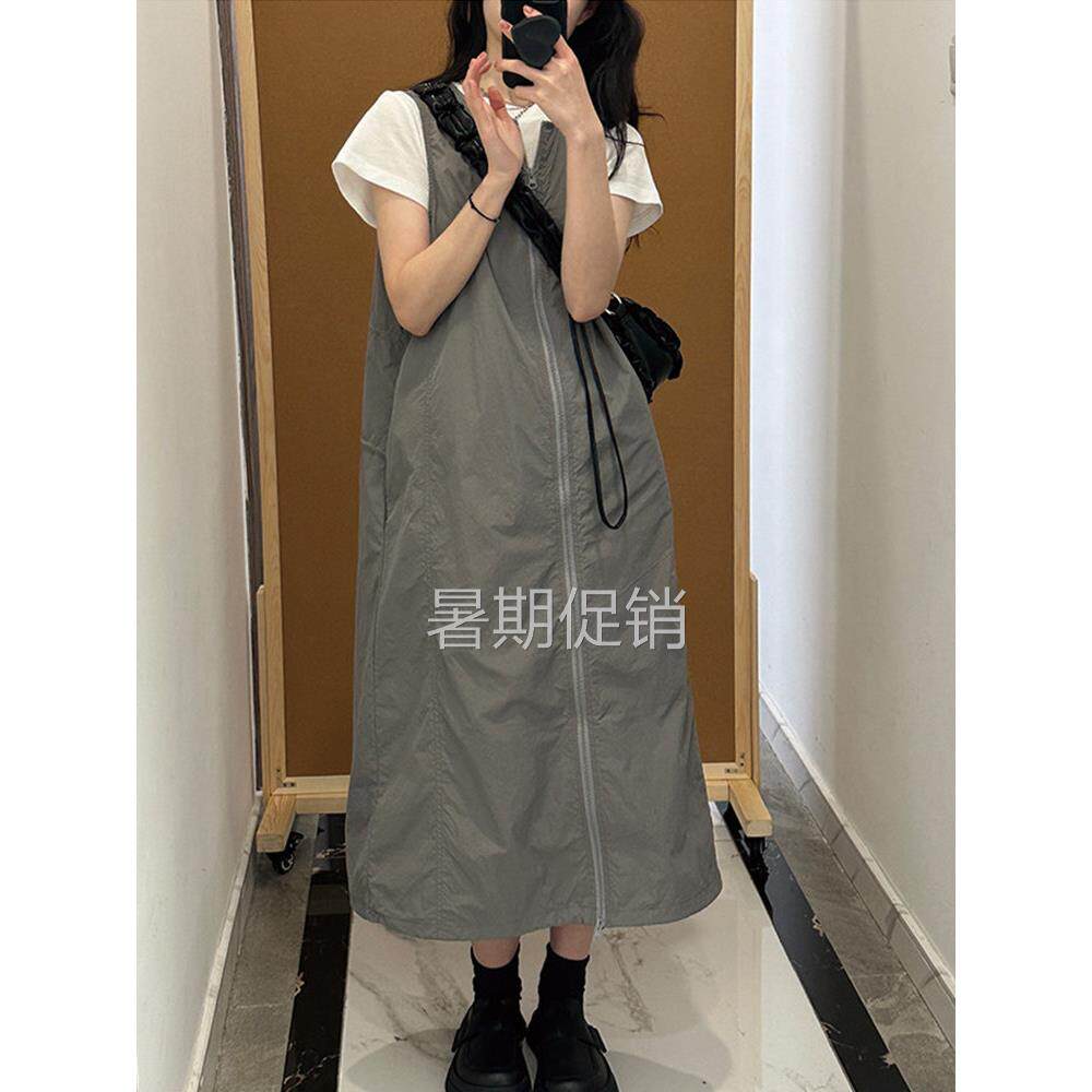 美国灰色工作服功能风格背心连衣裙的妇女与设计拉炼连衣裙胖毫米