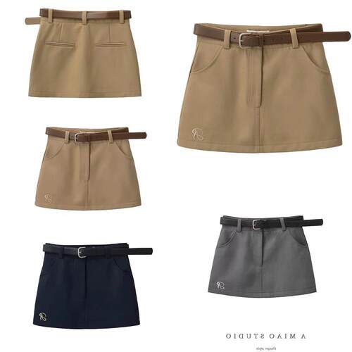 美式覆古设计款字母刺绣腰带饰高腰A字西装半身裙防走光显瘦短裙