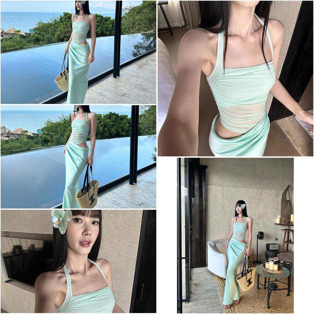 VENUIE 薄荷绿海边度假沙滩裙三亚出片穿搭挂颈中长版洋装女