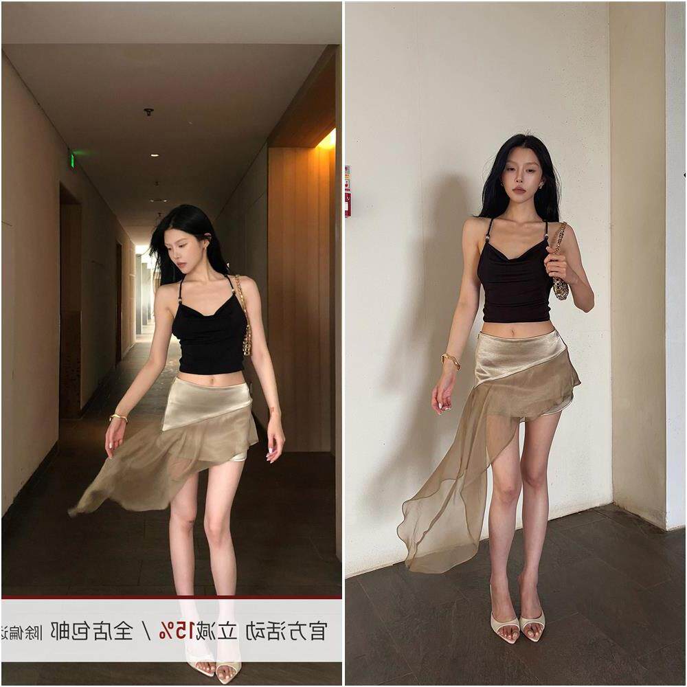 Hydrae禧1嘤 咖色珠光缎面拼接半身裙女夏辣妹不规则下摆包臀短裙