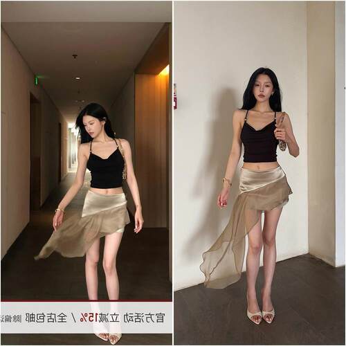 Hydrae禧1嘤 咖色珠光缎面拼接半身裙女夏辣妹不规则下摆包臀短裙