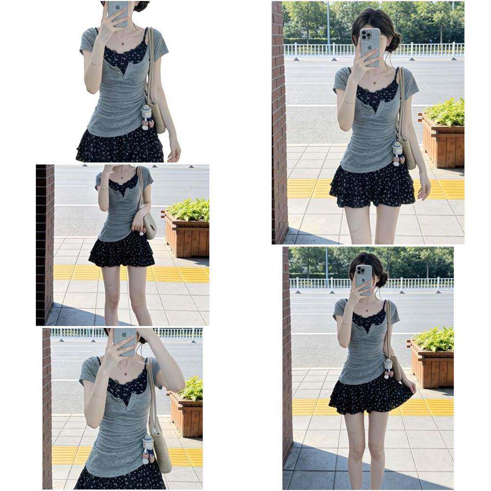 巨好看蓝色碎花吊带连衣裙子女2026新款夏季穿搭甜辣收腰短裙套装