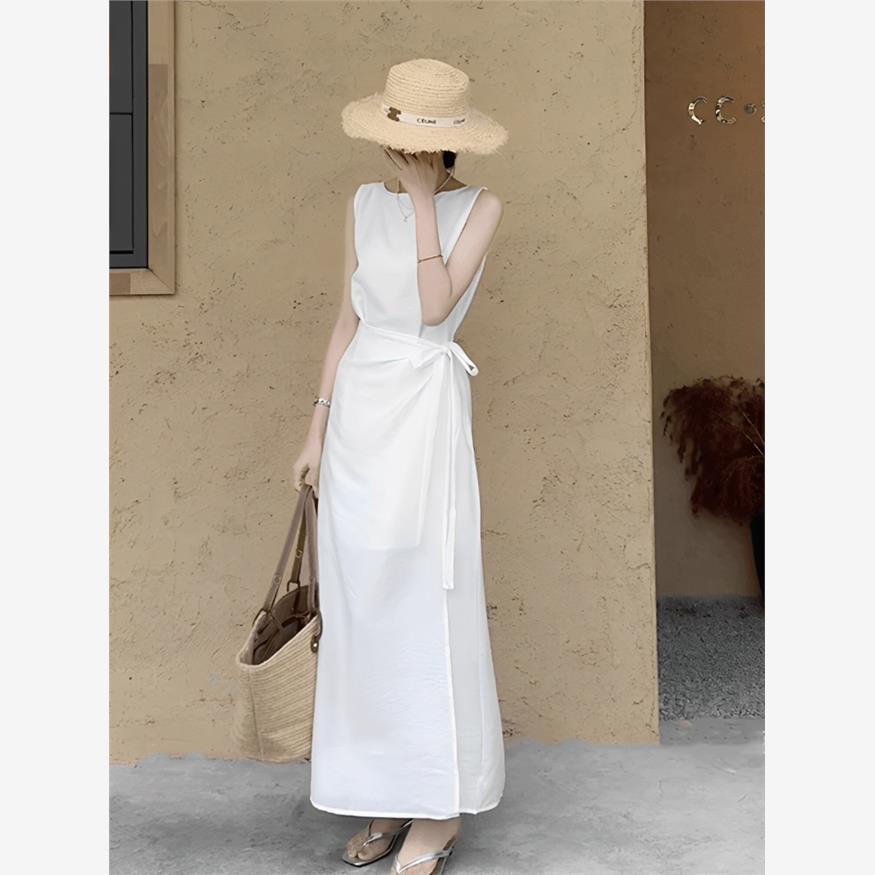 茶歇法式白色连衣裙女2024夏季新款时尚气质直筒无袖背心衬衫长裙