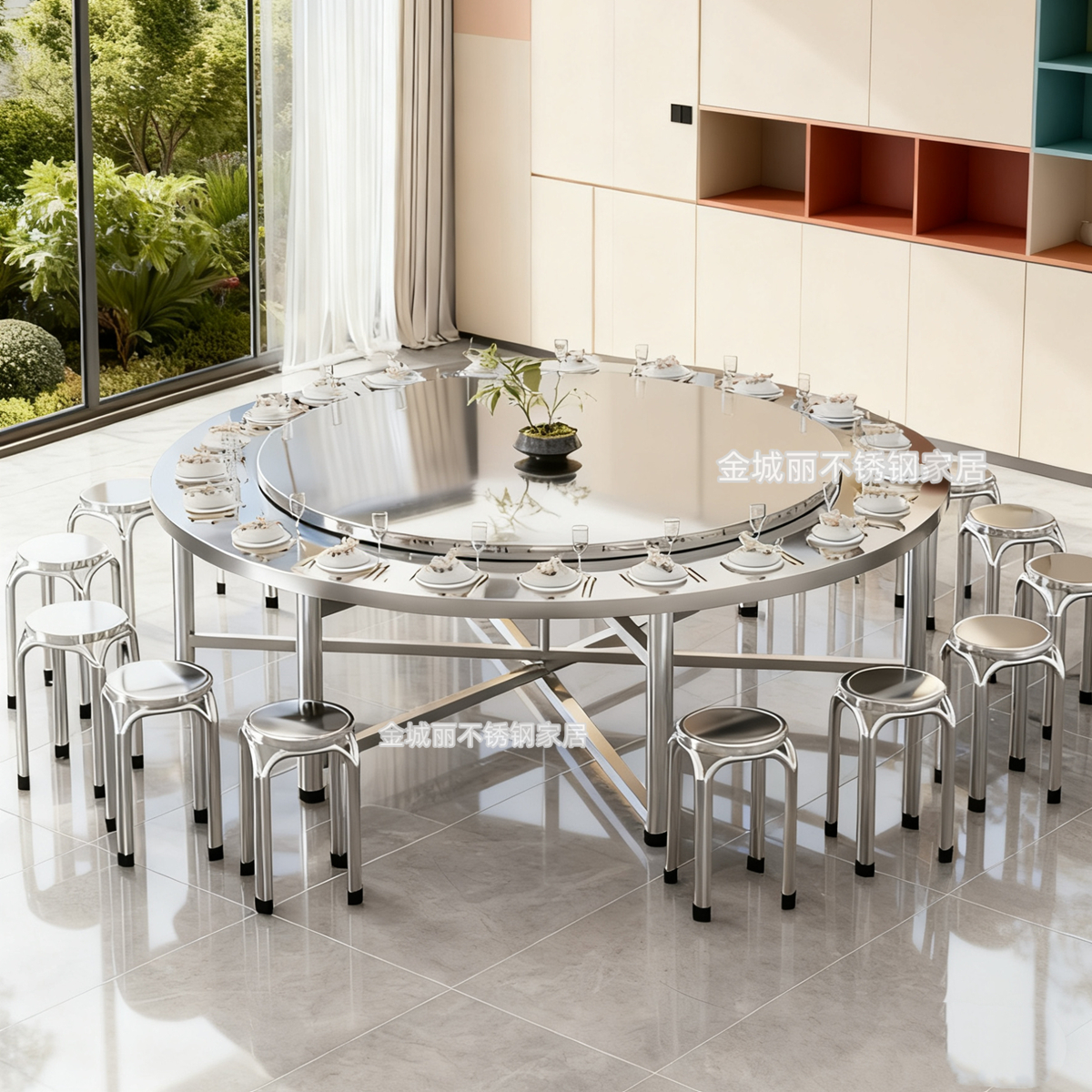 不锈钢商用特厚饭桌大圆桌配圆凳