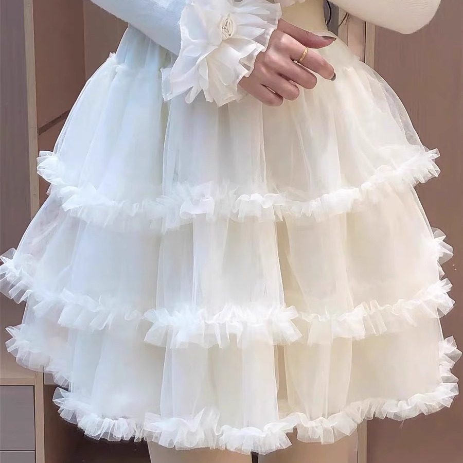 秋冬法式甜美时尚感高腰显瘦洋气网纱拼接蛋糕蓬蓬短款半身裙