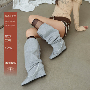 Mollynne原创设计坡跟褶皱时装靴尖头靴子中筒女靴长筒靴堆堆靴女