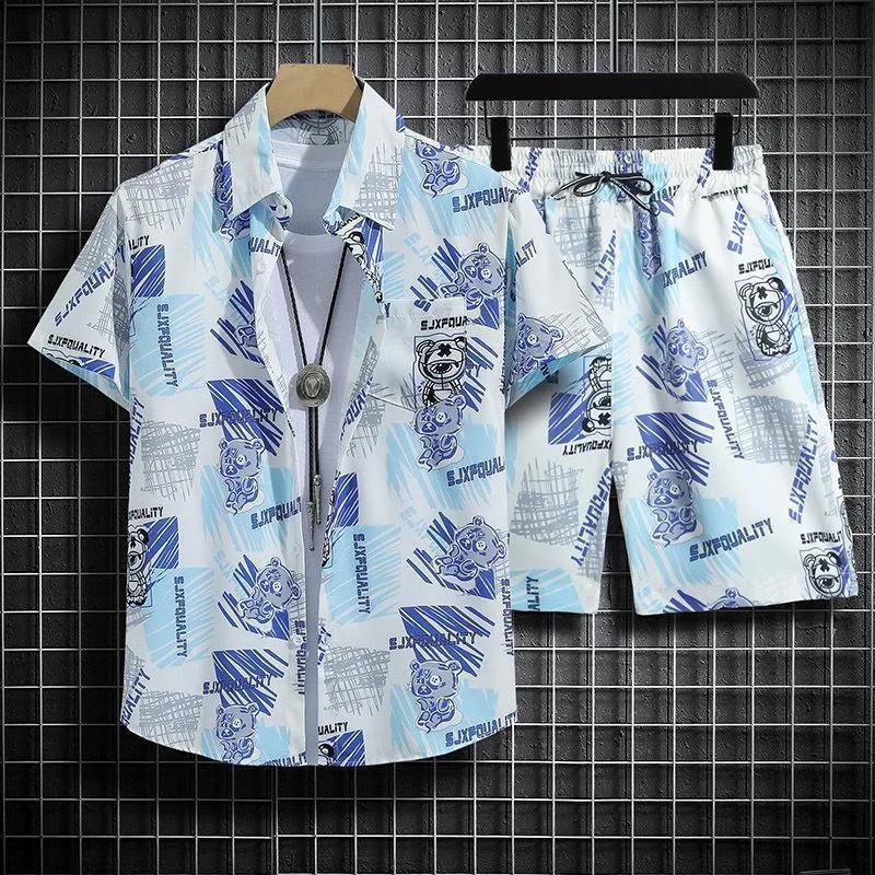 冰丝短裤一整套男夏季薄款宽松短袖碎花衬衫情侣沙滩服游泳衣套装