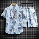 一整套男夏季 宽松短袖 冰丝短裤 薄款 碎花衬衫 情侣沙滩服游泳衣套装