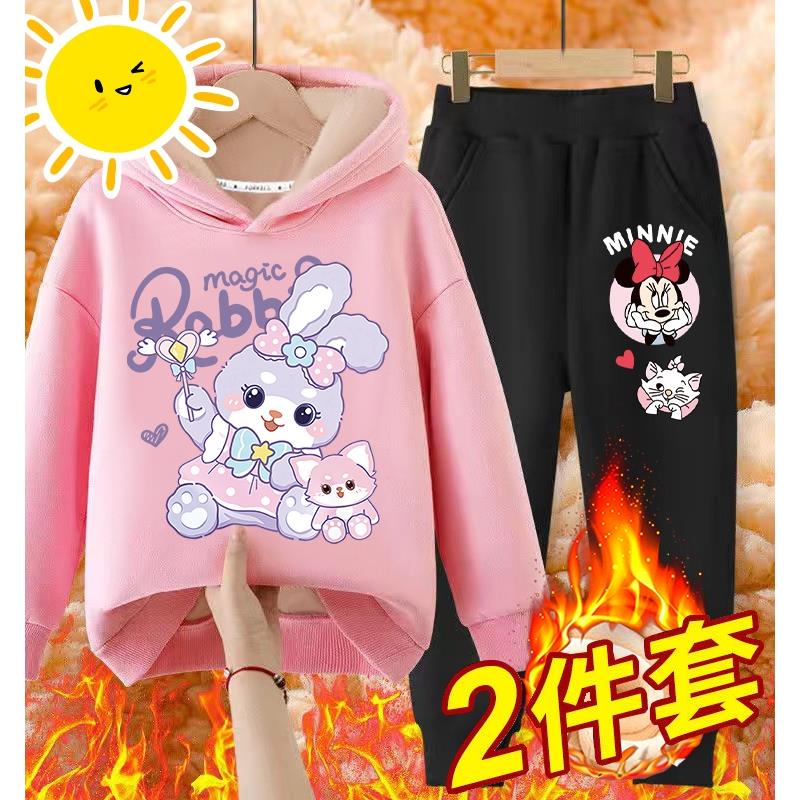 女童加绒冬季连帽套装2025新款儿童装加厚运动卫衣潮款冬天两件套
