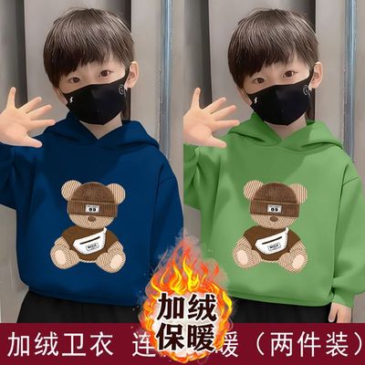 男童连帽加绒卫衣2025秋冬季新款休闲套头洋气儿童运动长袖上衣服
