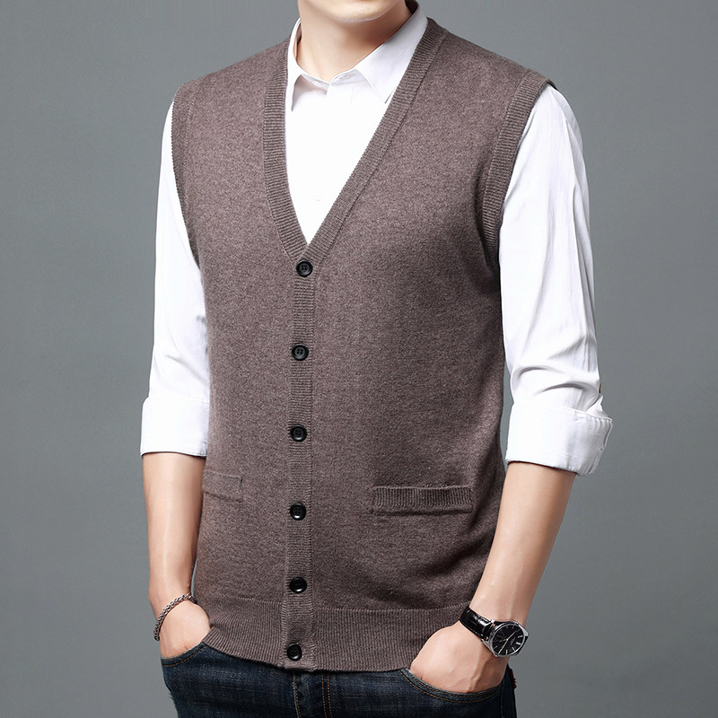 100纯羊毛背心男秋冬装V领坎肩爸爸装加厚毛衣中老年针织开衫马甲