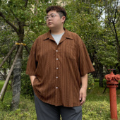 加肥加大古巴领提花镂空短袖 休闲宽松痞帅衬衣 韩版 衬衫 男胖子夏季