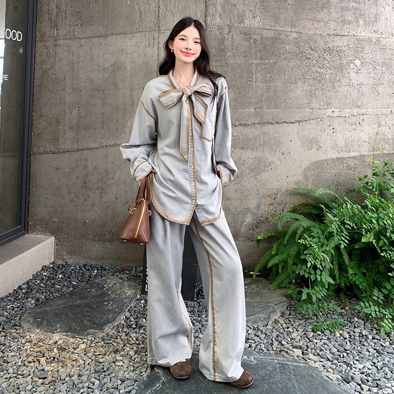 高级感穿搭复古文艺风灰色牛仔套装女春秋超好看衬衫阔腿裤两件套，女装套装/套裙，2D115