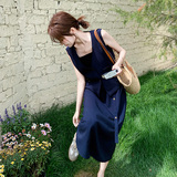 上班通勤穿搭藏蓝色马甲套装女夏2025新款超火高级感气质长裙套装，商品下架区，2D115