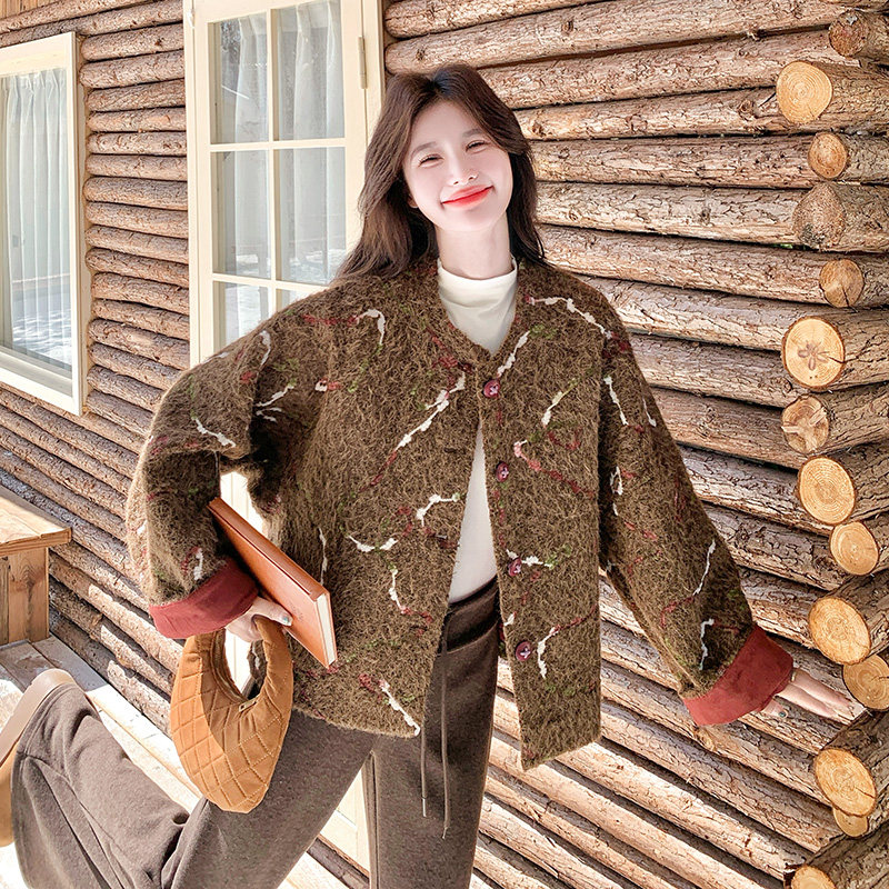 小香风撞色拼接碎花羊毛呢外套女秋冬2025新款时髦洋气超好看大衣，女装毛呢外套，2D115