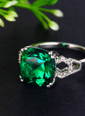 祖母绿戒指925纯银镀18K金绿碧玺色方形贵重彩色宝石彩宝指环女款