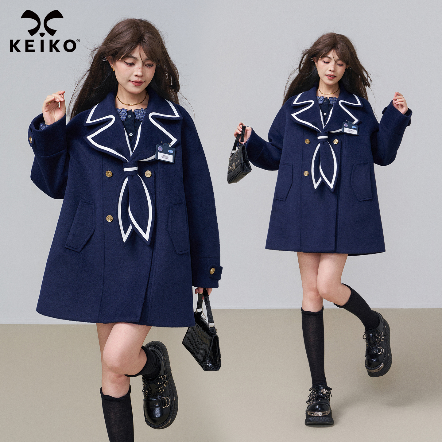 KEIKO 高级感海军领毛呢外套女秋冬学院风斗篷型双排扣呢子大衣