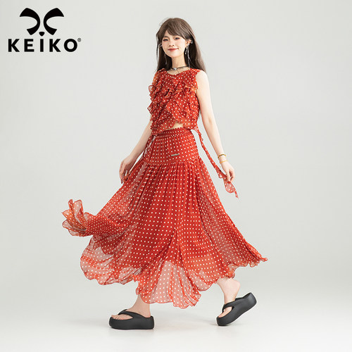 KEIKO法式褶花雪纺上衣女夏日穿搭套装波点无袖衬衫+半身裙两件套