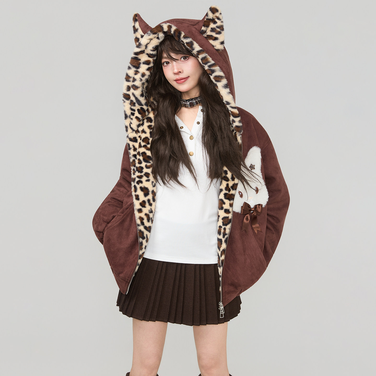 KEIKO [夹棉] 麂皮绒复古豹纹连帽外套25冬季可爱萌兔饰保暖棉服