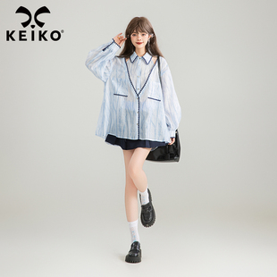 KEIKO [莱赛尔天丝] 微透朦胧琉璃感蓝色衬衫夏季轻奢风宽松上衣