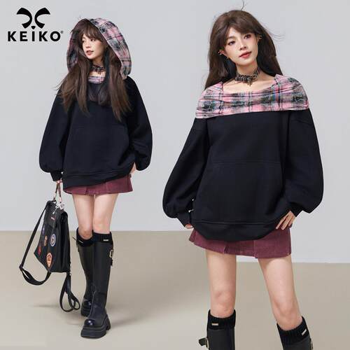 KEIKO 复古格纹连帽加绒卫衣女2025秋冬错序叠穿风宽松上衣外套