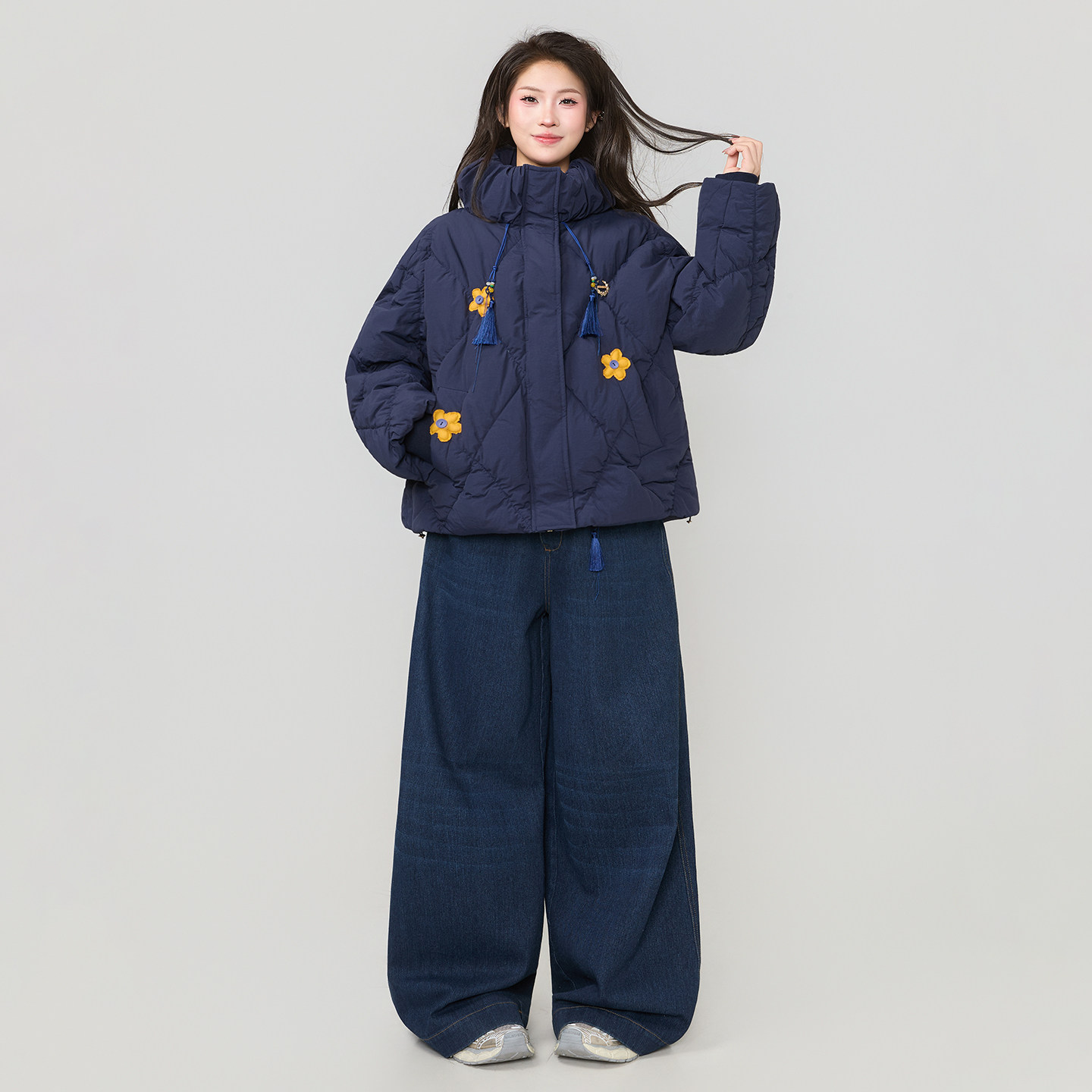KEIKO 复古甜心风绗缝保暖短款棉服外套冬季加厚立领花苞外套棉袄