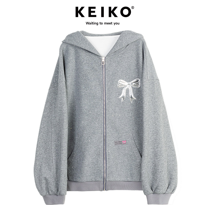 KEIKO bling亮片烫印灰色连帽卫衣2024秋季美式慵懒拉链开衫外套