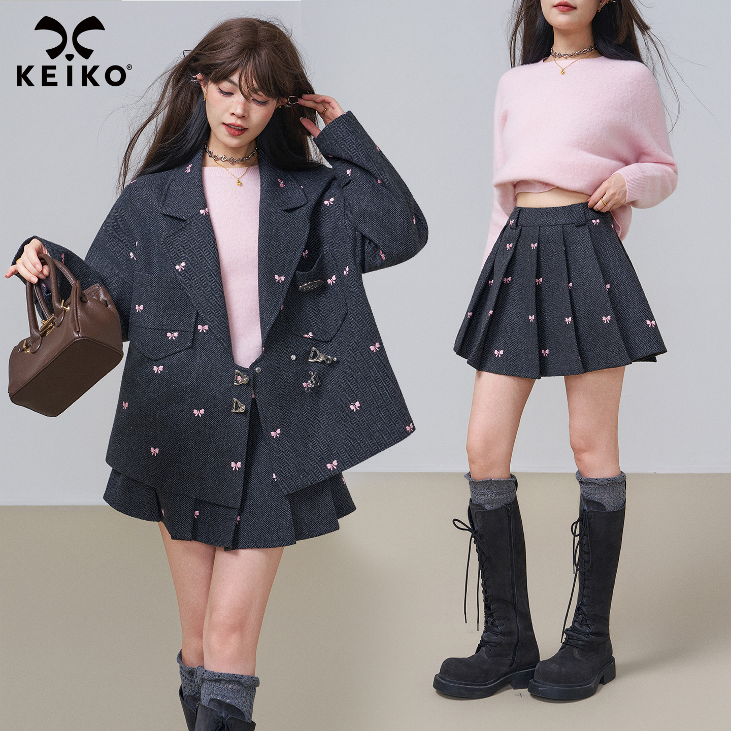 KEIKO [刺绣] 人字纹羊毛呢百褶半身裙25秋冬学院风显瘦a字短裙子