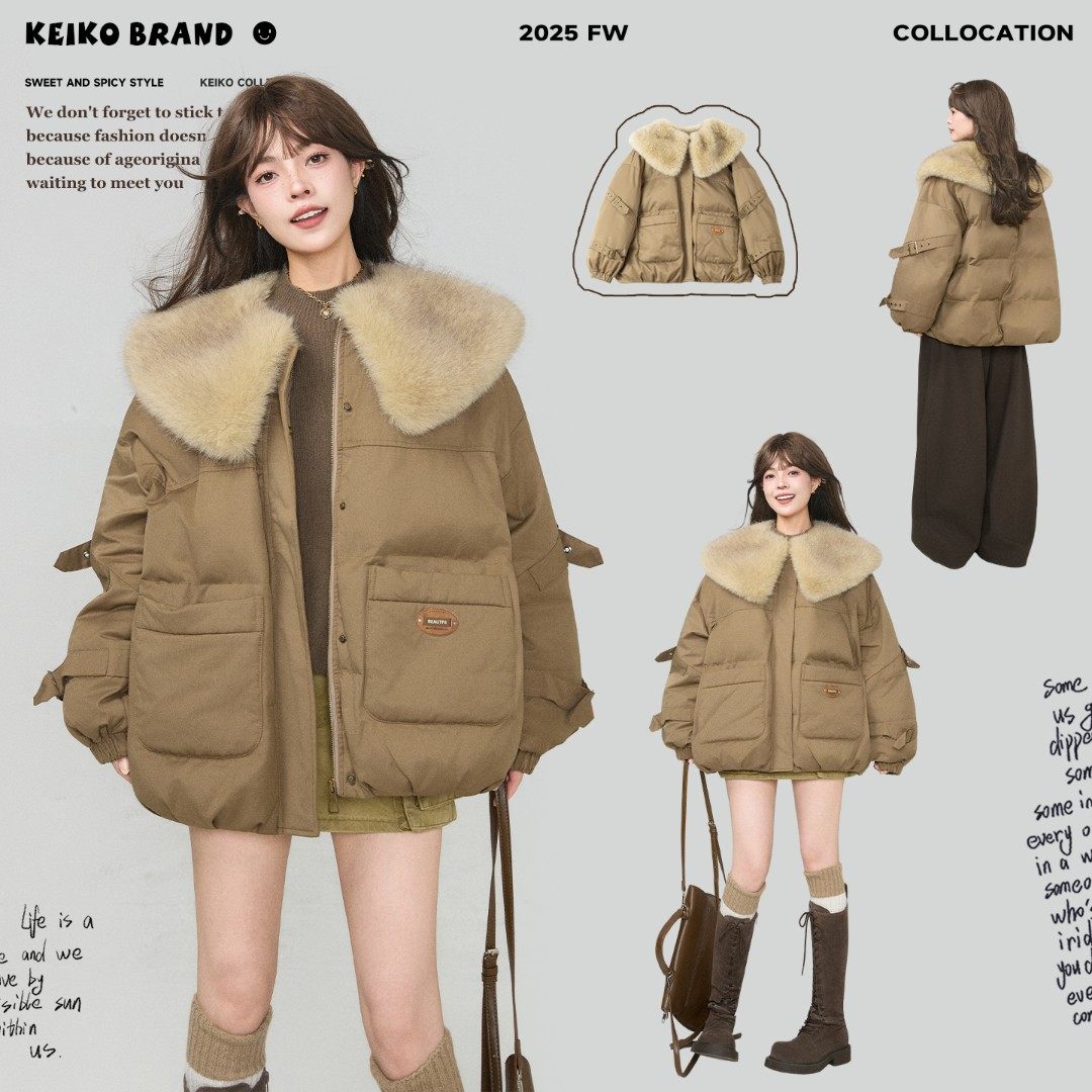 KEIKO 巴恩风可卸大毛领加厚派克棉服女冬季工装风宽松棉袄外套