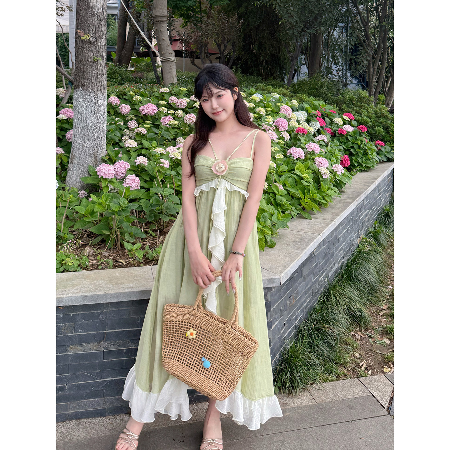 KEIKO 绝美薄荷绿抹胸不规则吊带裙夏日高级感天丝薄纱荷叶边裙子