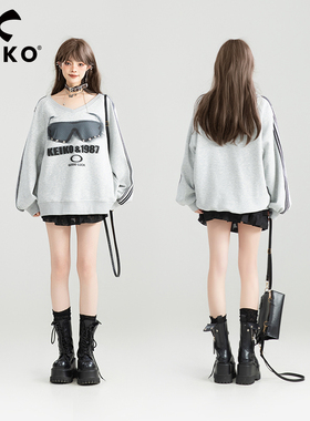 KEIKO 美式复古灰色V领卫衣女25春季时髦印花运动风宽松休闲上衣