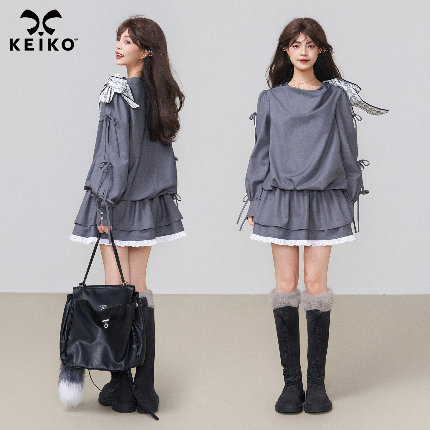 KEIKO 松弛感灰色连衣裙25秋季富家千金miu系穿搭收腰蓬蓬短裙子