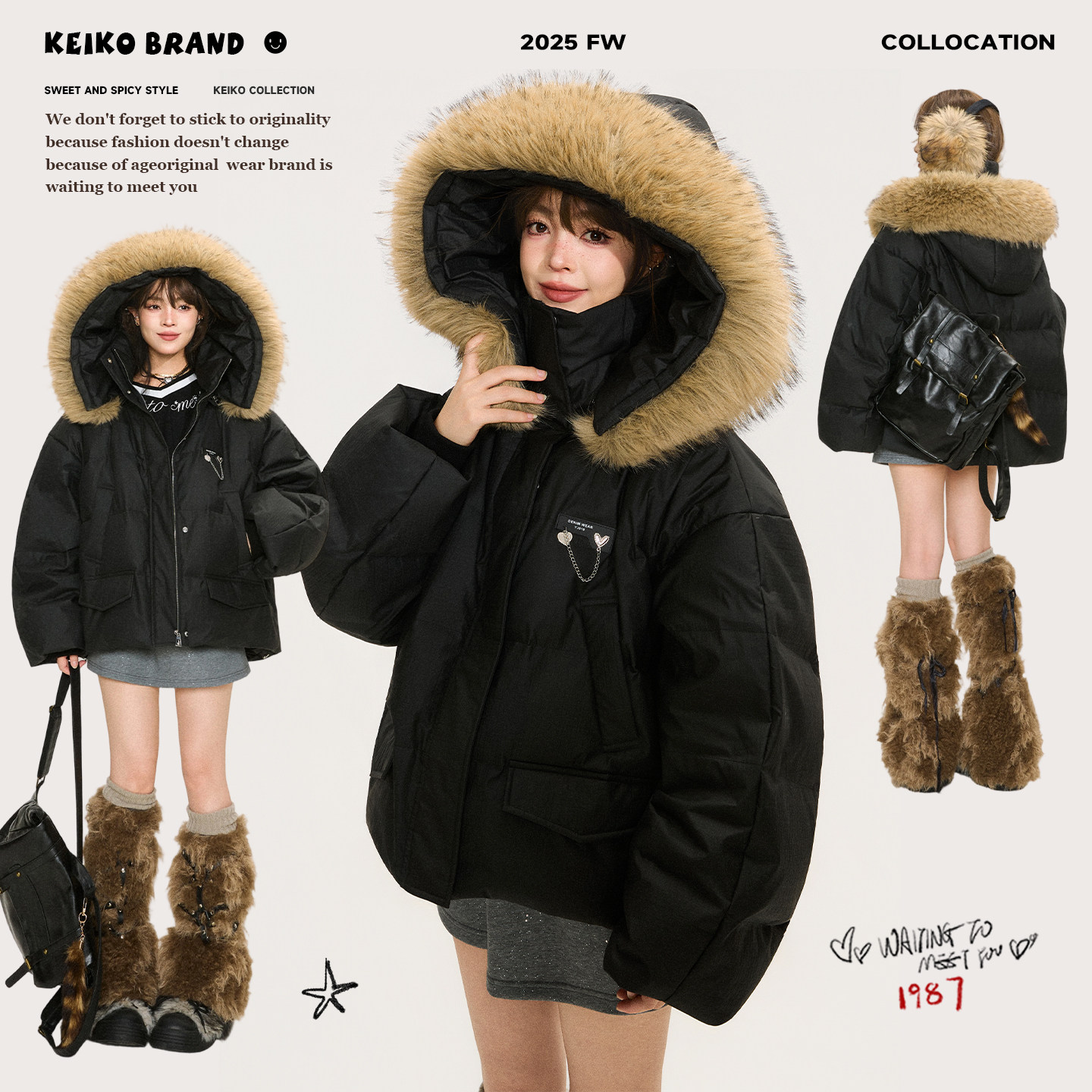 KEIKO 可卸大毛领连帽黑色短款羽绒服女25冬季肌理感90白鸭绒外套,女装/女士精品,羽绒服,淘宝优惠券,粉丝福利购,淘宝优惠卷