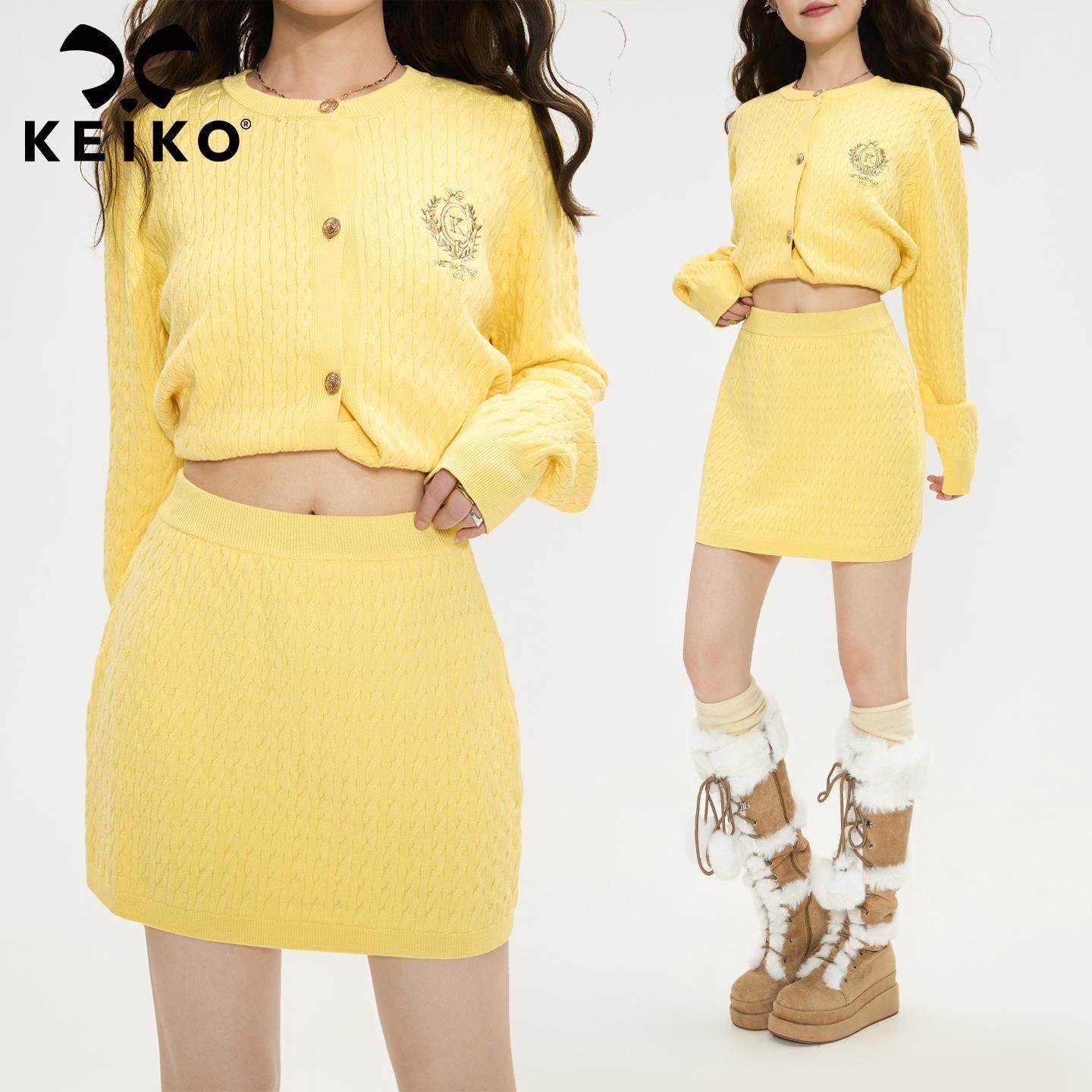 KEIKO[抗起球细针] 柠檬黄扭花针织半身裙25秋季弹力高腰包臀短裙