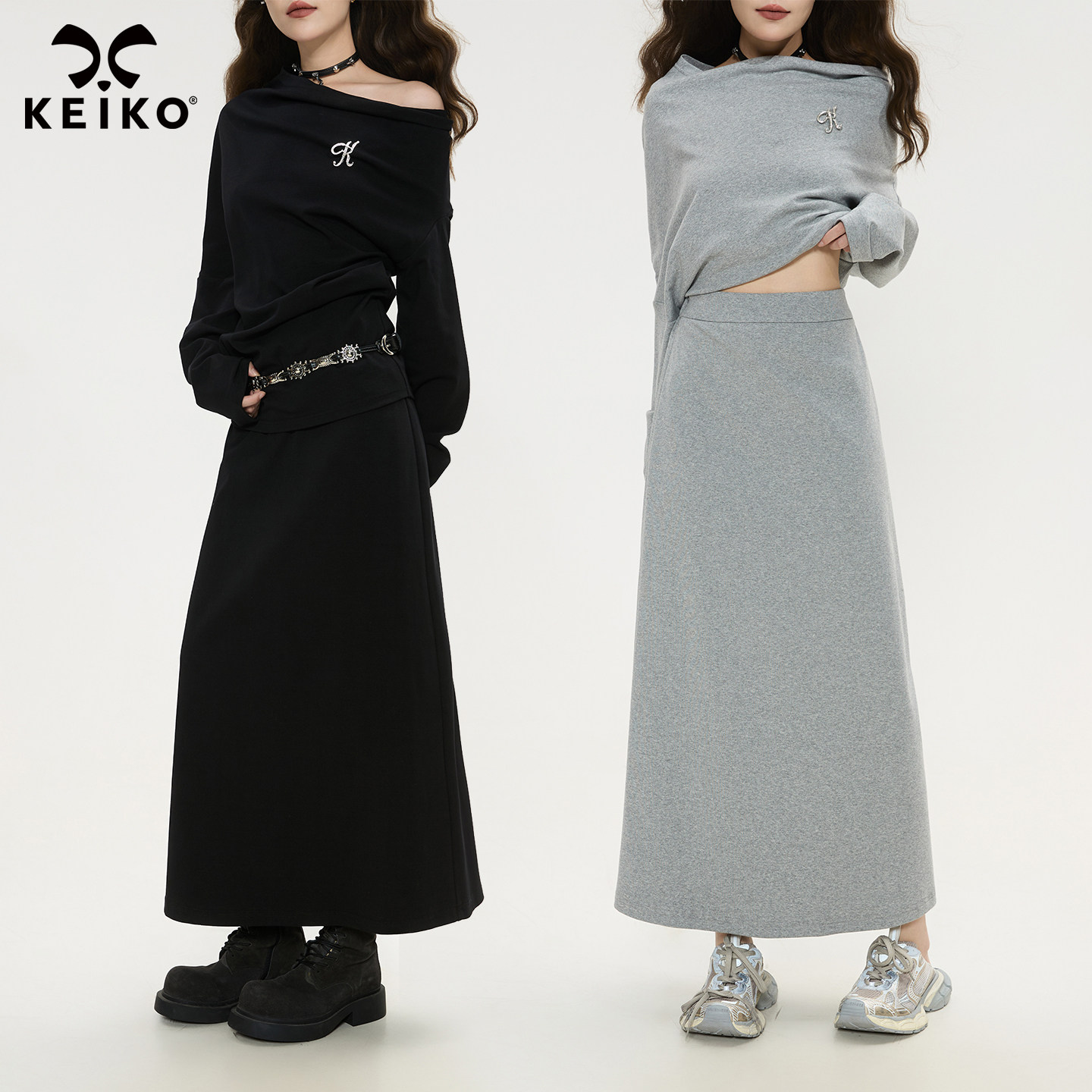 KEIKO miu系百搭灰色休闲半身裙25秋季高腰垂感显瘦A字包臀长裙
