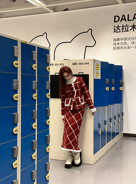 KEIKO 嵌丝花呢红色毛呢套装25年新款新年系列千金穿搭格纹短外套