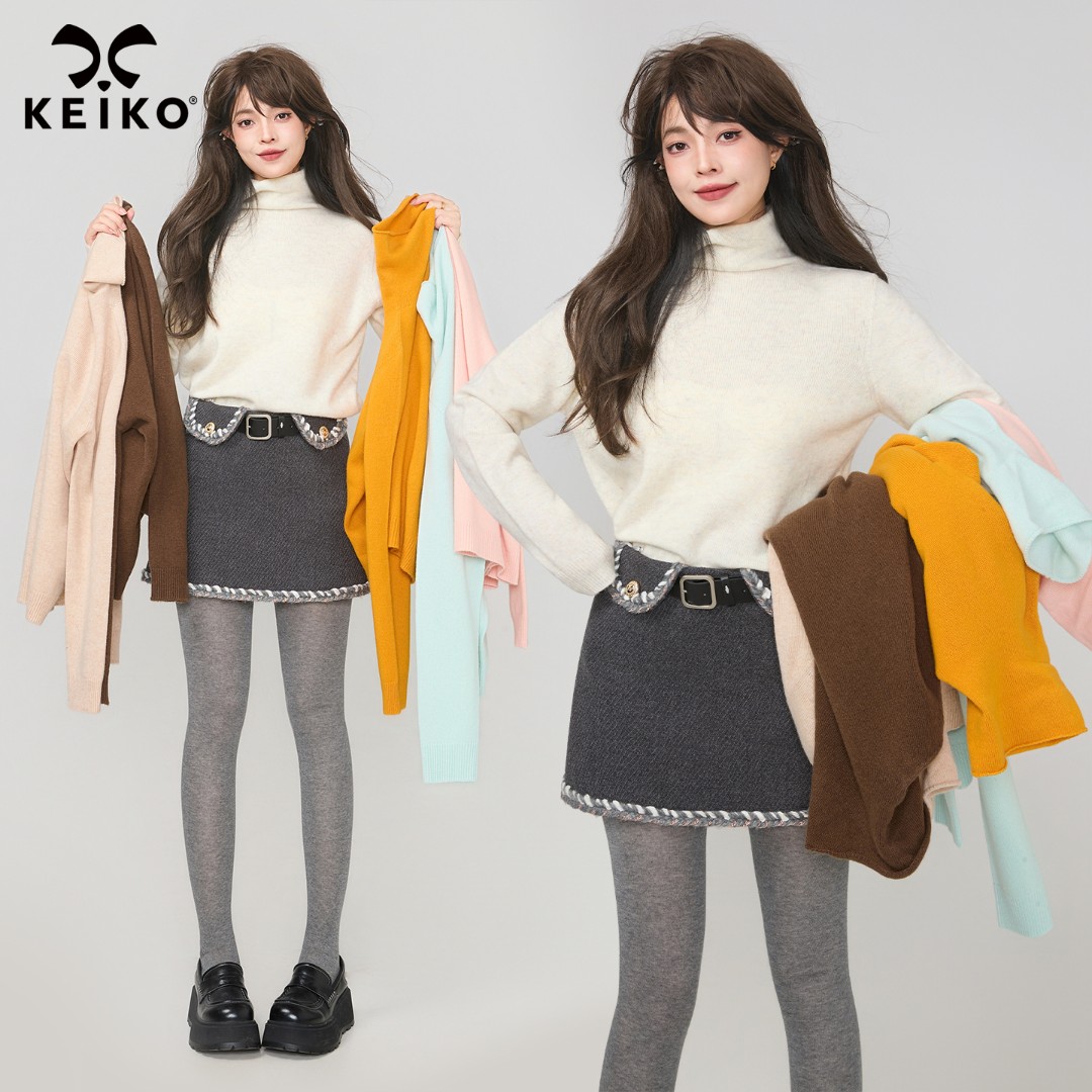 KEIKO [无刺痒] 100%绵羊毛高领针织衫冬季云朵感纯色打底羊毛衫