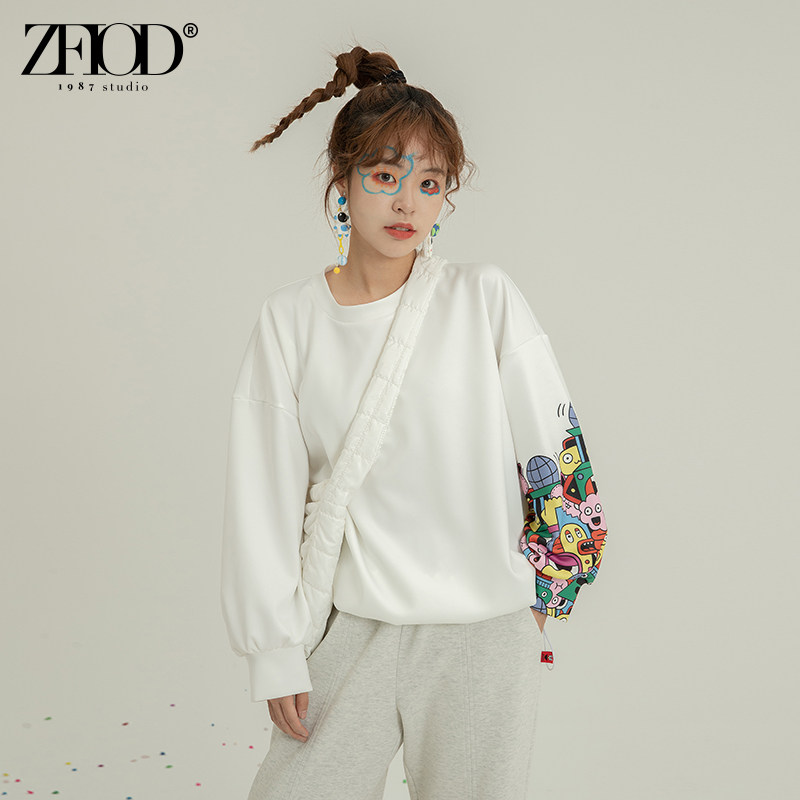 ZFIOD/子菲设计感卡通印花白色卫衣宽松2022春季高街外套oversize