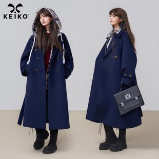 KEIKO[两穿/可拆领]静奢拼色毛呢大衣秋冬知性学术风廓形长款外套