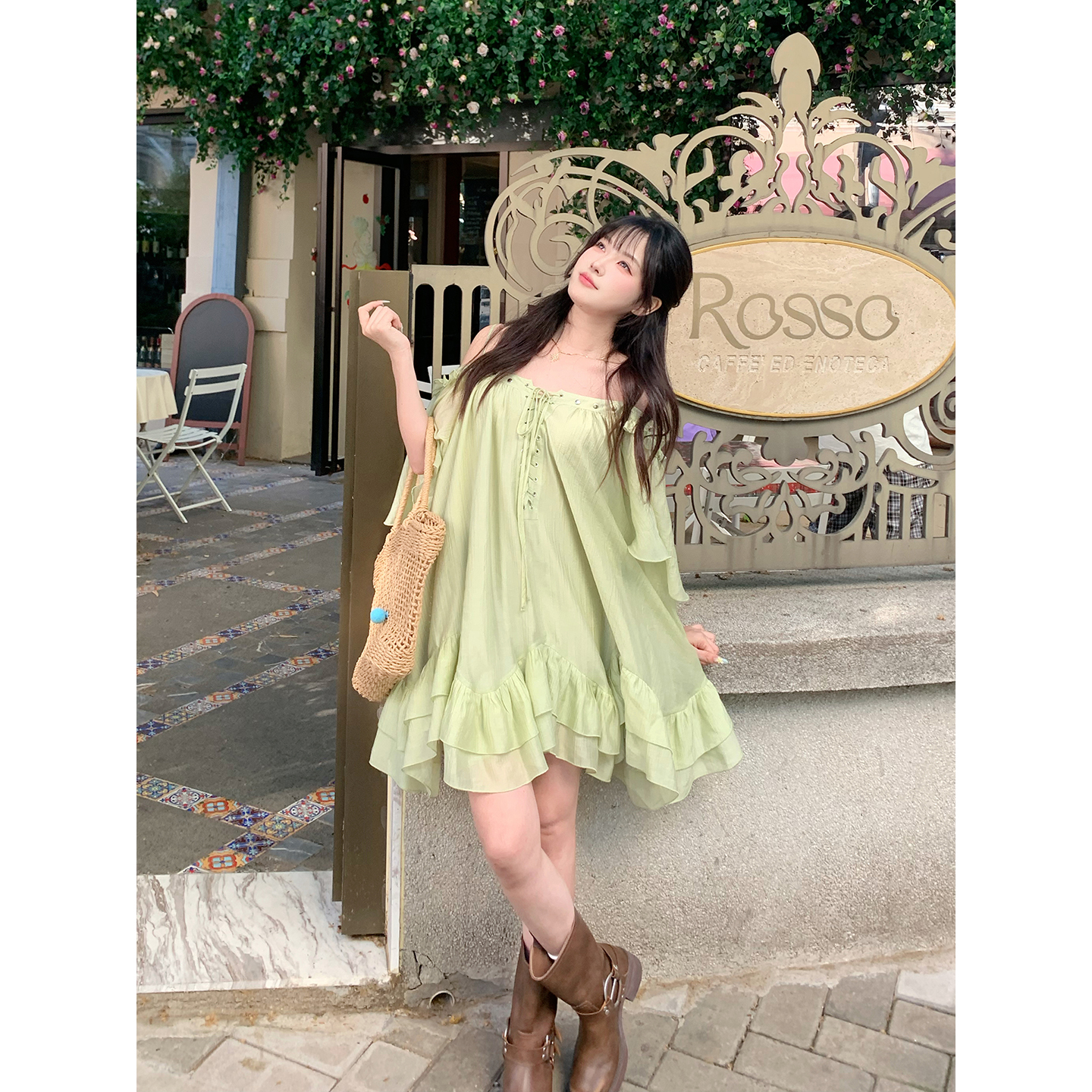 KEIKO 气质名媛风荷叶边连衣裙夏季轻薄天丝莱赛尔一字露肩吊带裙