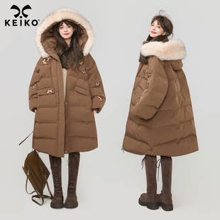KEIKO 蝴蝶绣花棕色排骨棉服棉袄冬季可卸帽大毛领加厚面包服外套