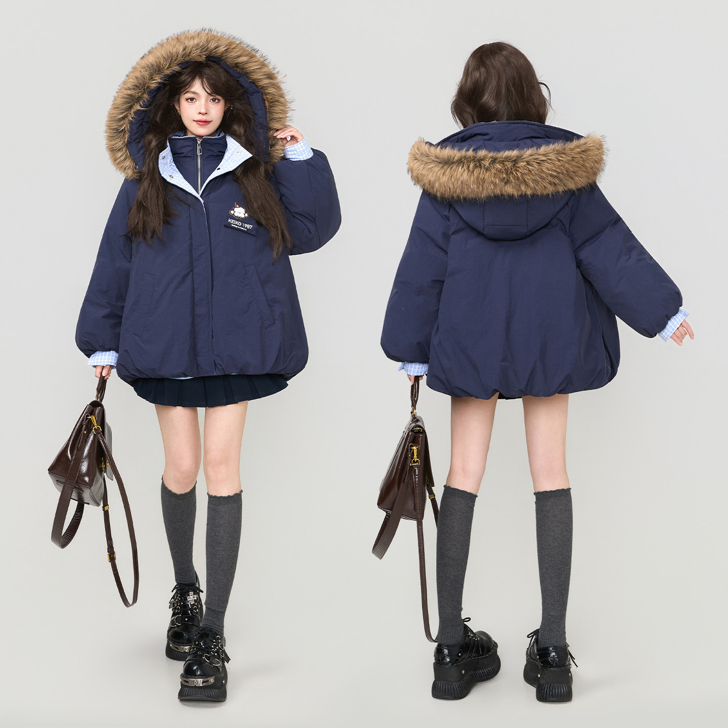 KEIKO 环保貂子毛领假两件连帽棉服女2025冬季花苞型加厚显瘦棉袄