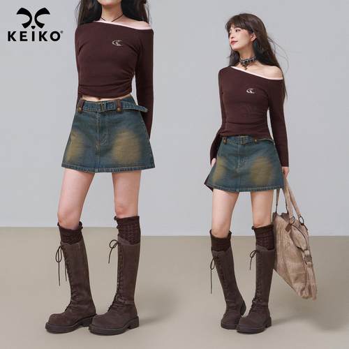 KEIKO 水洗做旧系带牛仔短裙2025新款美工复古显瘦A字包臀半身裙