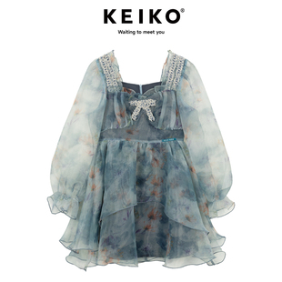 KEIKO 诗意晕染碎花连衣裙夏季仙女欧根纱蓬蓬裙子泡泡袖公主裙子