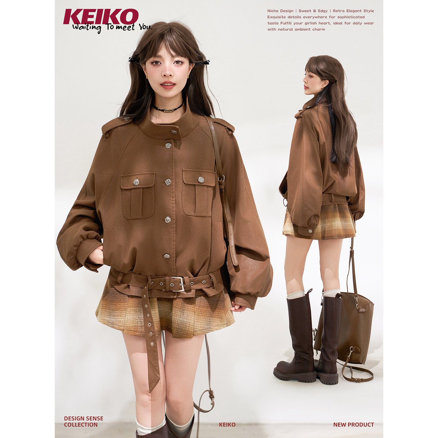 KEIKO酷感系带小立领机车皮衣